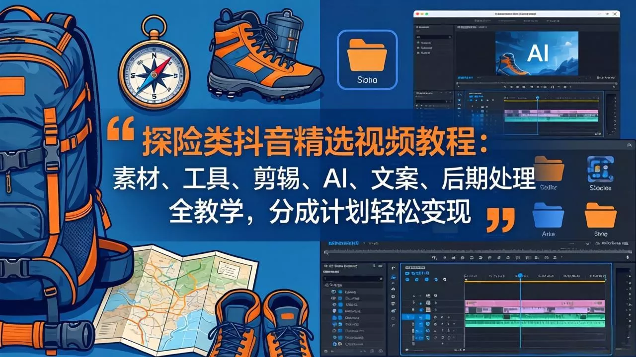 探险类抖音精选视频教程：素材、工具、剪辑、AI、文案、后期处理全教学，分成计划轻松变现-奇点库