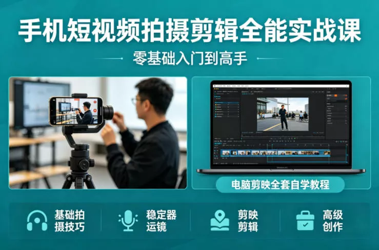手机短视频拍摄剪辑全能实战课：零基础入门到高手，稳定器运镜+电脑剪映全套自学教程-奇点库