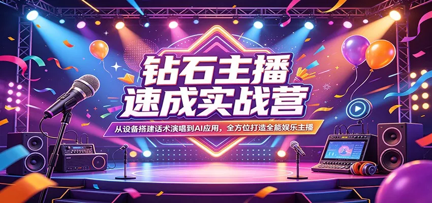 钻石主播速成实战营:从设备搭建话术演唱到AI应用,全方位打造全能娱乐主播-奇点库