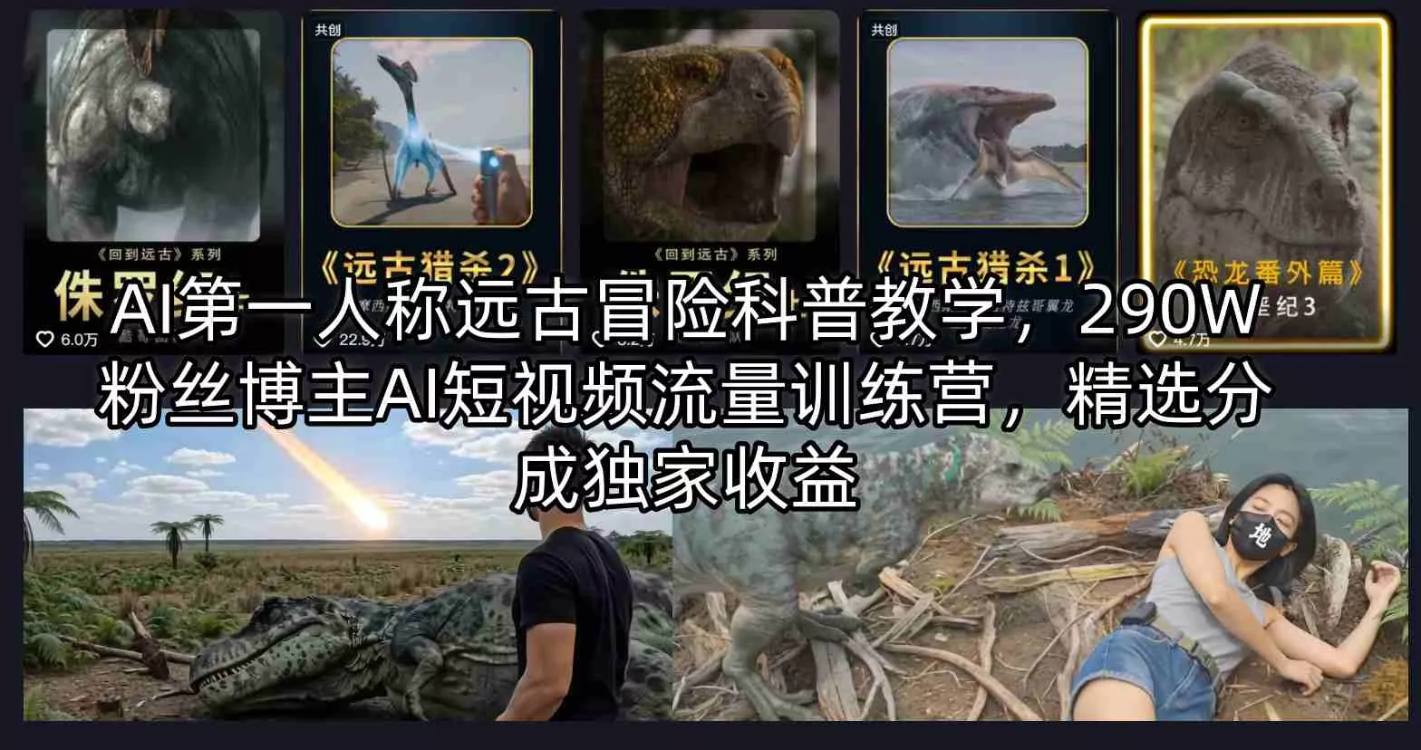 AI第一人称远古冒险科普教学，290W粉丝博主AI短视频流量训练营，精选分成独家收益-奇点库