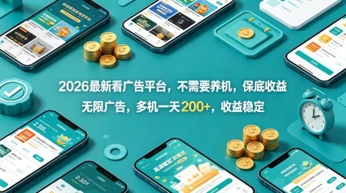 2026最新看广告平台，不需要养机，保底收益，无限广告，多机一天200+，收益稳定【揭秘】-奇点库