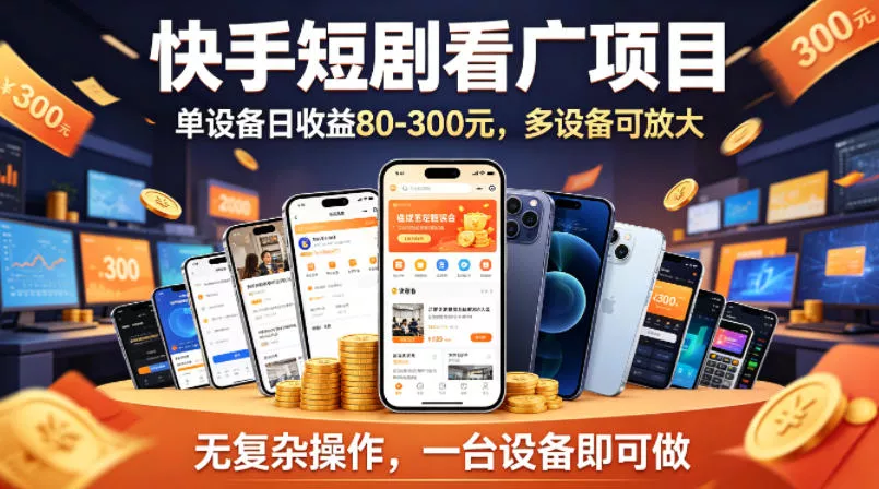 快手短剧看广告项目，没有复杂操作，一台设备每天能有80到300收益，设备多可放大-奇点库