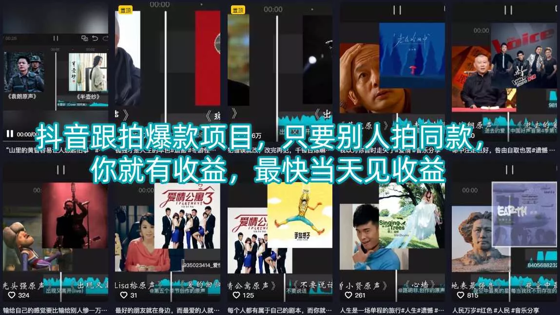 抖音跟拍爆款项目，只要别人拍同款，你就有收益，最快当天见收益-奇点库