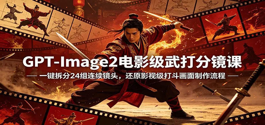 GPT-Image2电影级武打分镜课：一键拆分24组连续镜头，还原影视级打斗画面制作流程-奇点库