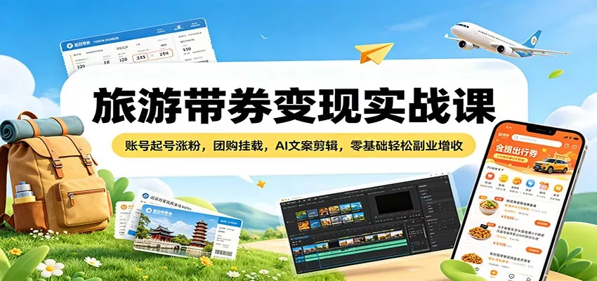 旅游带券变现实战课：账号起号涨粉，团购挂载，AI文案剪辑，零基础轻松副业增收-奇点库