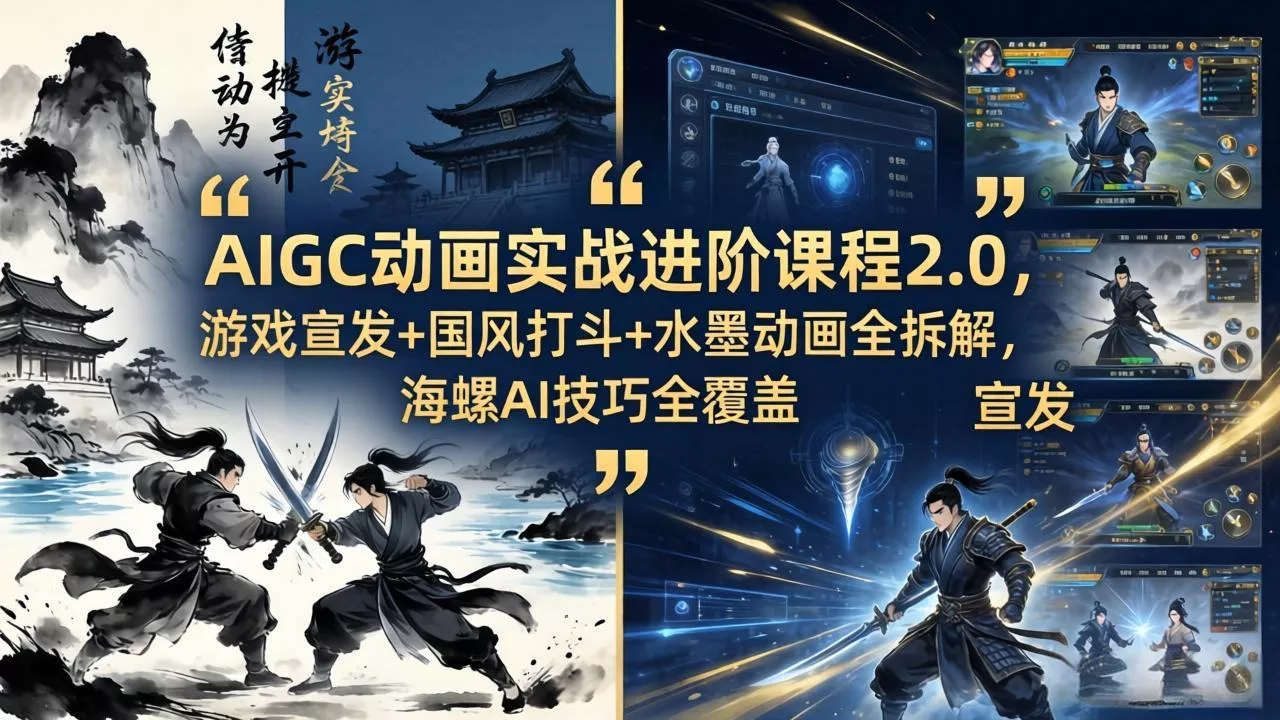 AIGC动画实战进阶课程2.0，游戏宣发+国风打斗+水墨动画全拆解，海螺AI技巧全覆盖-奇点库