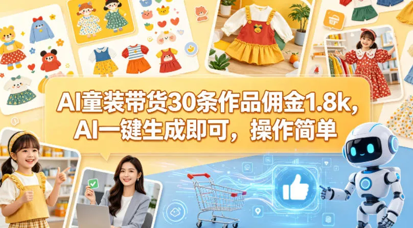 AI童装带货30条作品佣金1.8k，AI一键生成即可，操作简单-奇点库