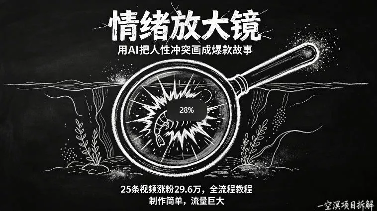 AI制作“情绪放大镜“视频，25条视频涨粉29.6W粉，流量巨大，制作简单，全流程教程-奇点库
