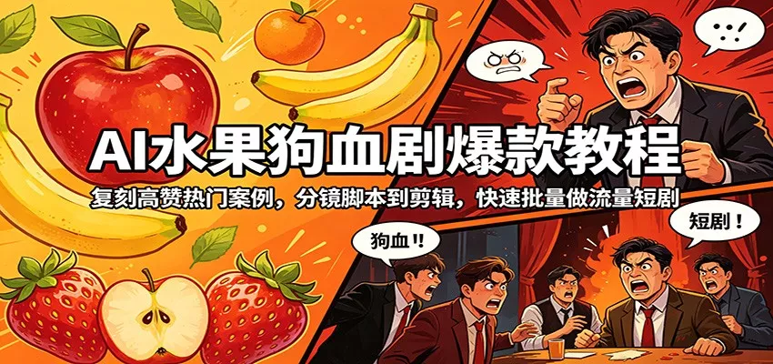 AI水果狗血剧爆款教程：复刻高赞热门案例，分镜脚本到剪辑，快速批量做流量短剧-奇点库
