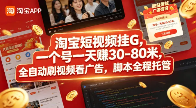 淘宝短视频挂G，一个号一天 賺30-80米，全自动刷视频看广告，脚本全程托管【揭秘】-奇点库