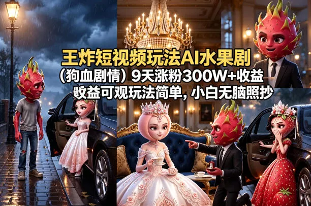王炸短视频玩法AI水果剧(狗血剧情)9天涨粉300W+收益可观玩法简单，小白无脑照抄，详细拆解玩法-奇点库