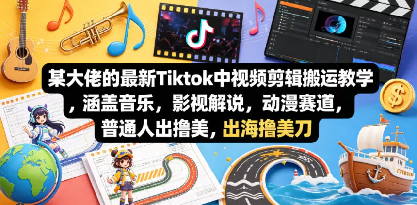 某大佬的最新Tiktok中视频剪辑搬运教学，涵盖音乐，影视解说，动漫赛道，普通人出海撸美刀-奇点库