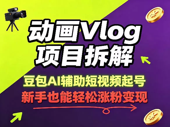 动画Vlog项目拆解，豆包AI辅助短视频起号，新手也能轻松涨粉，43条作品涨粉8.3W-奇点库