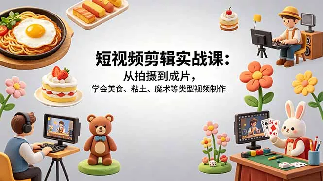 短视频剪辑实战课：从拍摄到成片，学会美食、粘土、魔术等类型视频制作-奇点库