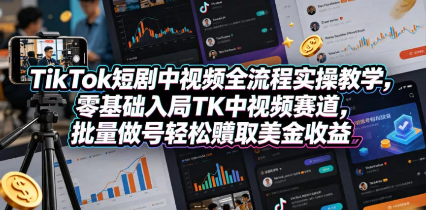 TikTok短剧中视频全流程实操教学，零基础入局TK中视频赛道，批量做号轻松賺取美金收益-奇点库