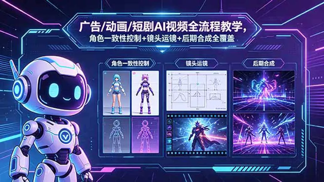 广告/动画/短剧AI视频全流程教学，角色一致性控制+镜头运镜+后期合成全覆盖-奇点库