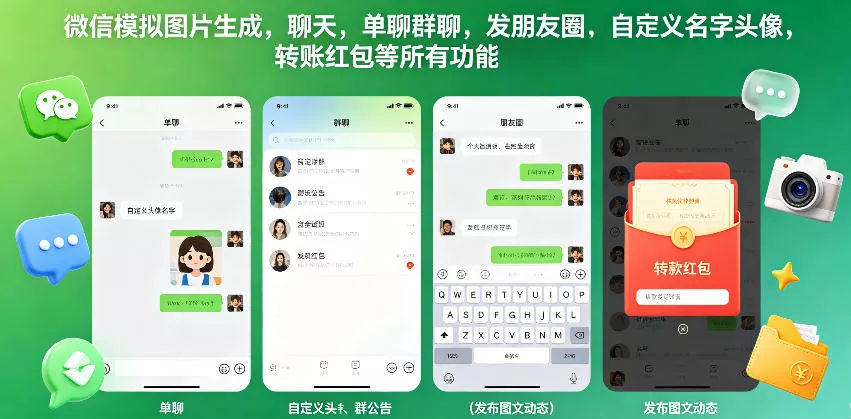 微信模拟图片生成，聊天，单聊群聊，发朋友圈，自定义名字头像，转账红包等所有功能都可以生成-奇点库