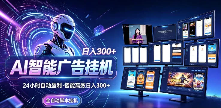 AI智能广告挂G项目，无需人工，单机稳定日入200+，可矩阵放大，24小时不间断刷广告賺收益【揭秘】-奇点库