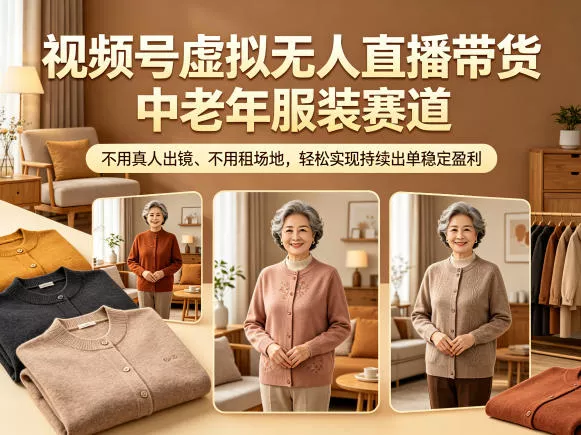视频号虚拟无人直播带货中老年服装赛道，不用真人出镜、不用租场地，轻松实现持续出单稳定盈利-奇点库
