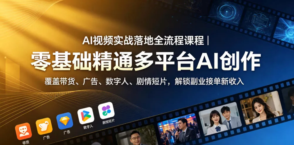 AI视频实战落地全流程课程｜零基础精通多平台AI创作，覆盖带货、广告、数字人、剧情短片，解锁副业接单新收入-奇点库