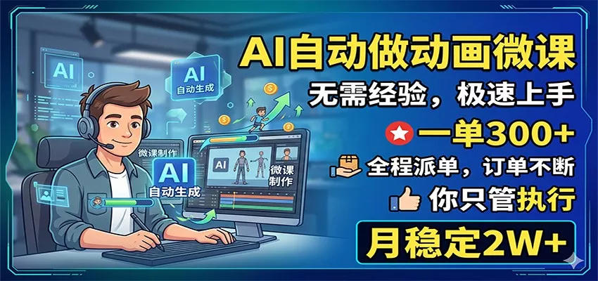 AI自动做动画微课，一单300+，全程派单，你只管执行，月稳定2W+-奇点库