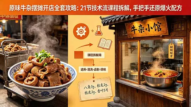 原味牛杂摆摊开店全套攻略：21节技术流课程拆解，手把手还原爆火配方-奇点库