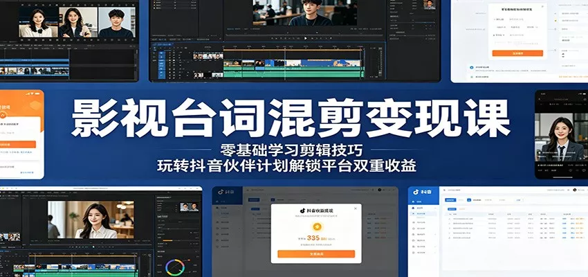 影视台词混剪变现课：零基础学习剪辑技巧，玩转抖音伙伴计划解锁平台双重收益-奇点库