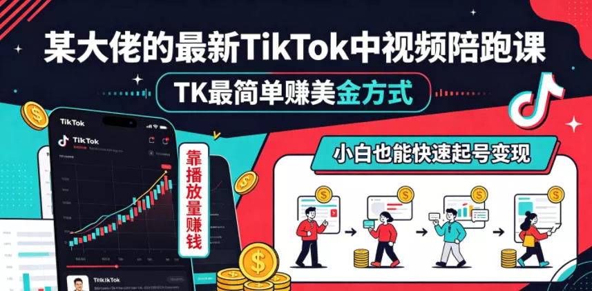 某大佬的最新TikTok中视频陪跑课，TK最简单賺美金方式，靠播放量賺钱，小白也能快速起号变现-奇点库