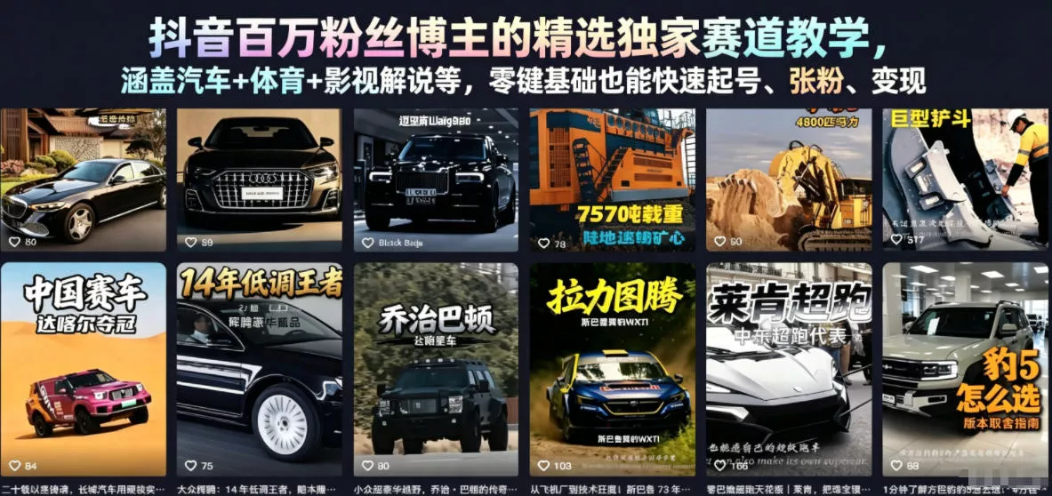 抖音百万粉丝博主的精选独家赛道教学，涵盖汽车+体育+影视解说等，零基础也能快速起号、涨粉、变现-奇点库