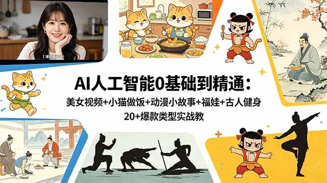 AI人工智能0基础到精通：美女视频+小猫做饭+动漫小故事+福娃+古人健身，20+爆款类型实战教学-奇点库