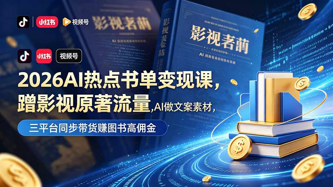 2026AI热点书单变现课，蹭影视原著流量，AI做文案素材，三平台同步带货赚图书高佣金-奇点库