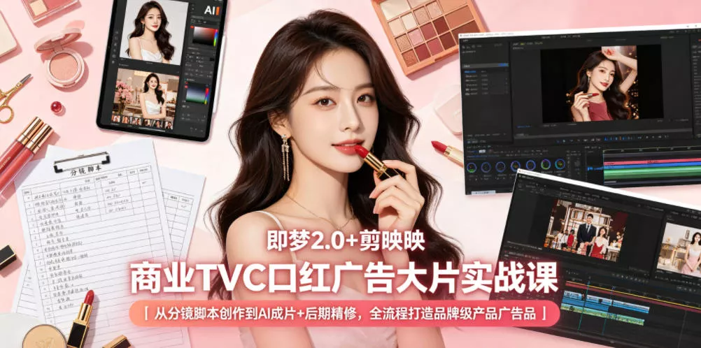 即梦2.0+剪映商业TVC口红广告大片实战课｜从分镜脚本创作到AI成片+后期精修，全流程打造品牌级产品广告-奇点库
