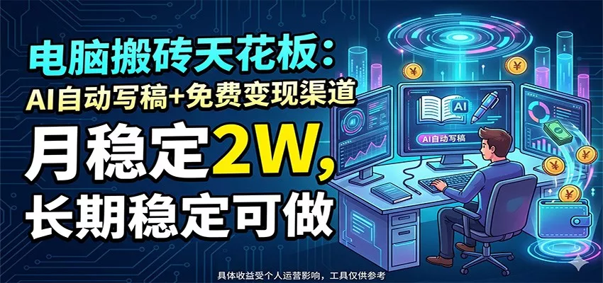 电脑搬砖天花板：AI自动写稿+免费变现渠道，月稳定2W，长期稳定可做-奇点库