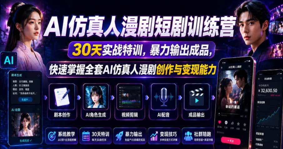 AI仿真人漫剧短剧训练营，30天实战特训，暴力输出成品，快速掌握全套AI仿真人漫剧创作与变现能力-奇点库