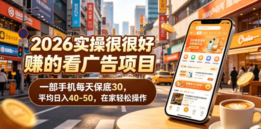 2026实操很好賺的看广告项目，一部手机每天保底30，平均日入40-50，在家轻松操作【揭秘】-奇点库