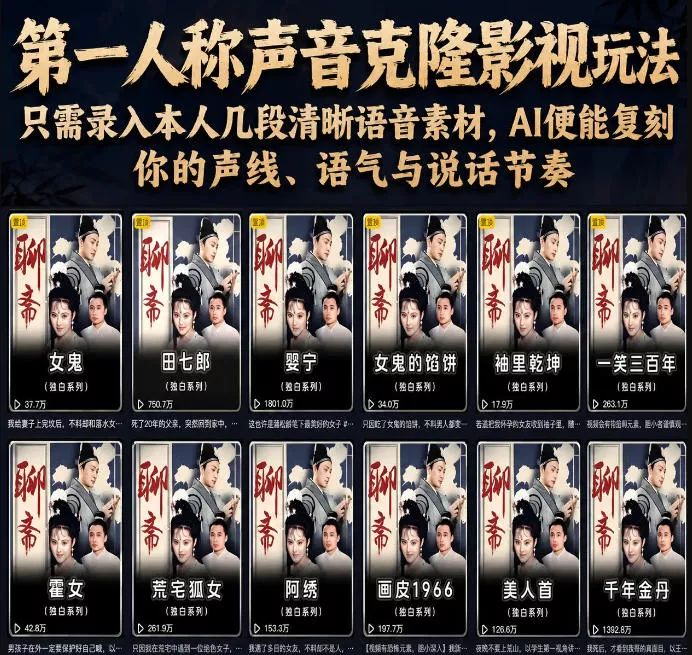 第一人称声音克隆影视玩法，只需录入本人几段清晰语音素材，AI便能复刻你的声线、语气与说话节奏-奇点库