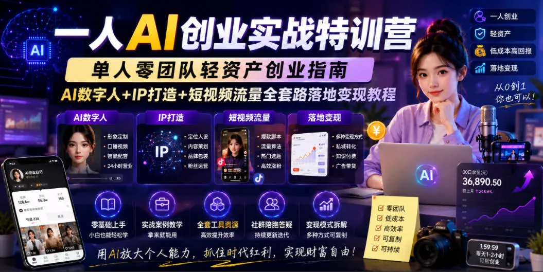 一人AI创业实战特训营，单人零团队轻资产创业指南，AI数字人+IP打造+短视频流量全套路落地变现教程-奇点库