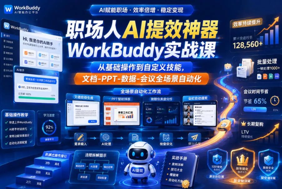 职场人AI提效神器WorkBuddy实战课,从基础操作到自定义技能,文档-PPT-数据-会议全场景自动化
