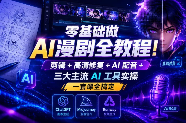 零基础做AI漫剧全教程!剪辑+高清修复+AI配音+三大主流AI工具实操,一套课全搞定