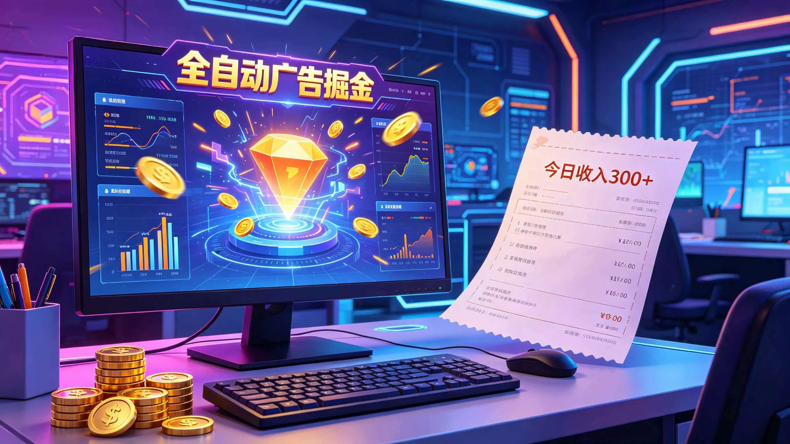 全自动广告掘金，日入300+。全程Ai自动化运行，解放双手，时间自由。收益稳定-奇点库