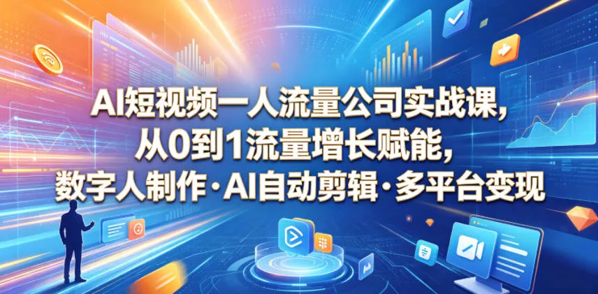 AI短视频一人流量公司实战课，从0到1流量增长赋能，数字人制作・AI自动剪辑・多平台变现，一人做流量生意全落地教程-奇点库