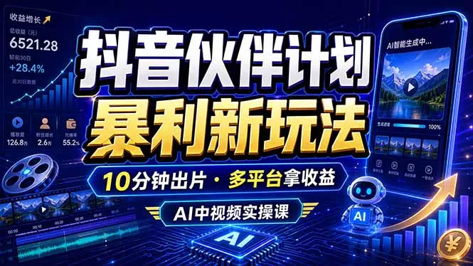 抖音伙伴计划最新玩法，无需配音剪辑，10分钟出一条原创视频，轻松日入三位数-奇点库