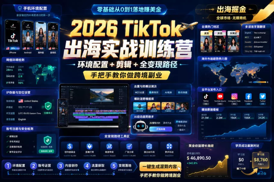 2026 TikTok出海实战训练营，环境配置 + 剪辑 + 全变现路径，手把手教你做跨境副业-奇点库