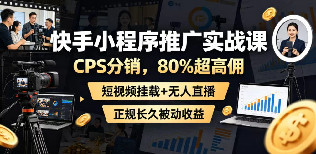 快手小程序推广实战课，CPS分销，80%超高佣，短视频挂载+无人直播，正规长久被动收益-奇点库