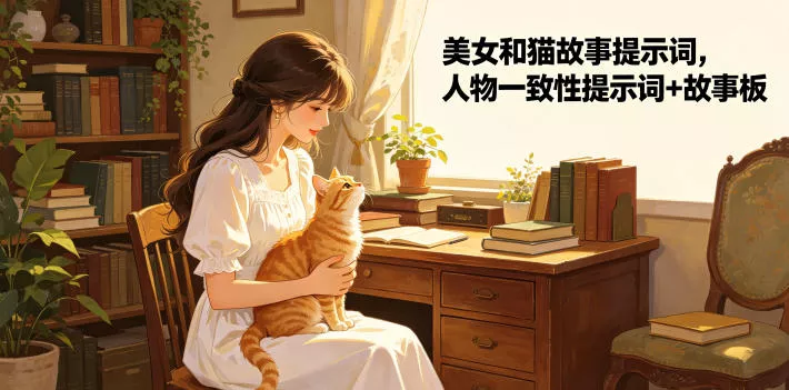 美女和猫故事提示词，人物一致性提示词+故事板-奇点库