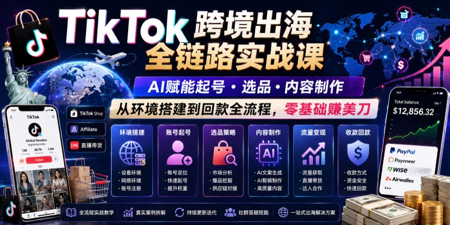 TikTok跨境出海全链路实战课，AI赋能起号・选品・内容制作，从环境搭建到回款全流程，零基础賺美刀-奇点库