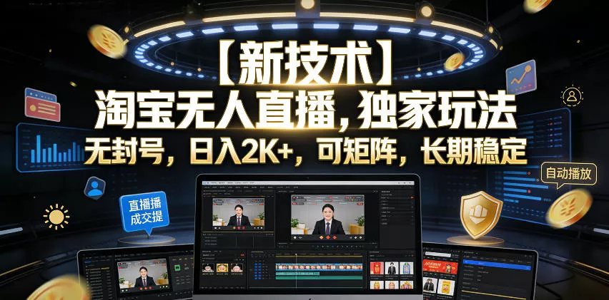 【新技术】淘宝无人直播，独家玩法，无封号，日入2K+，可矩阵，长期稳定【揭秘】-奇点库