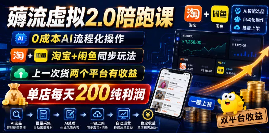 薅流虚拟2.0陪跑课，0成本AI流程化操作，淘宝+闲鱼同步玩法，上一次货两个平台有收益，单店每天200纯利润-奇点库