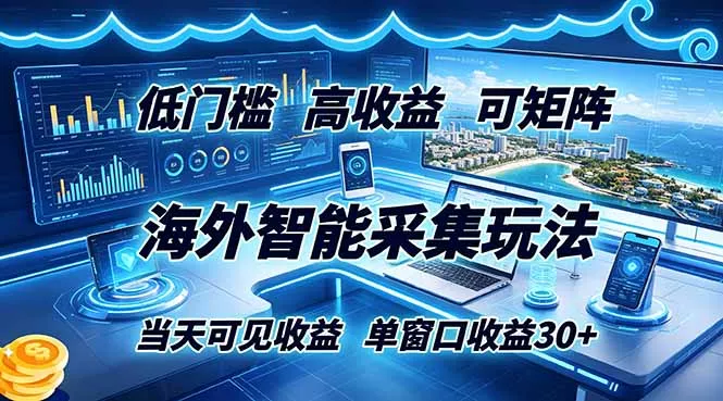 海外智能采集玩法，低门槛高单价可矩阵，当天可见收益，单窗口30+-奇点库