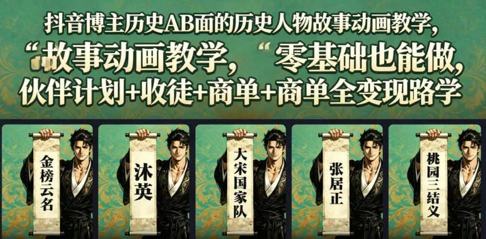 抖音博主历史AB面的历史人物故事动画教学,零基础也能做,伙伴计划+收徒+商单全变现路径教学-奇点库